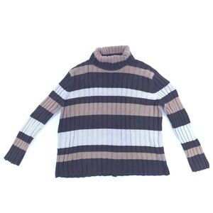 Jones New York Womens Sweater XL Brown Tan Striped Ribbed Turtleneck Cotton